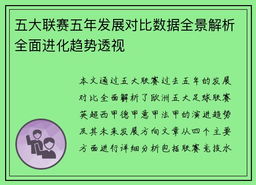 五大联赛五年发展对比数据全景解析全面进化趋势透视