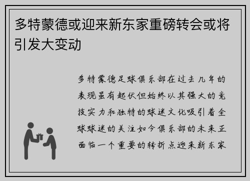 多特蒙德或迎来新东家重磅转会或将引发大变动