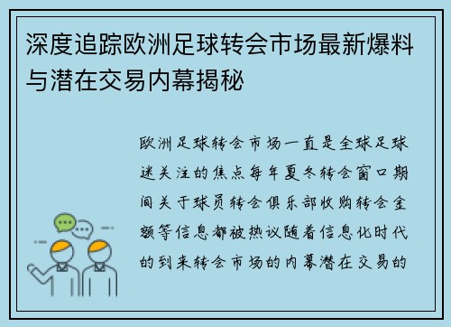 深度追踪欧洲足球转会市场最新爆料与潜在交易内幕揭秘